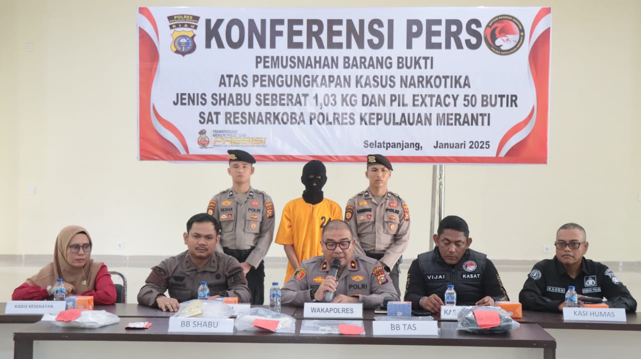 Polres Meranti Konferensi Pers Pemusnahan Barang Bukti Narkotika Jenis Sabu Dan Ekstasi