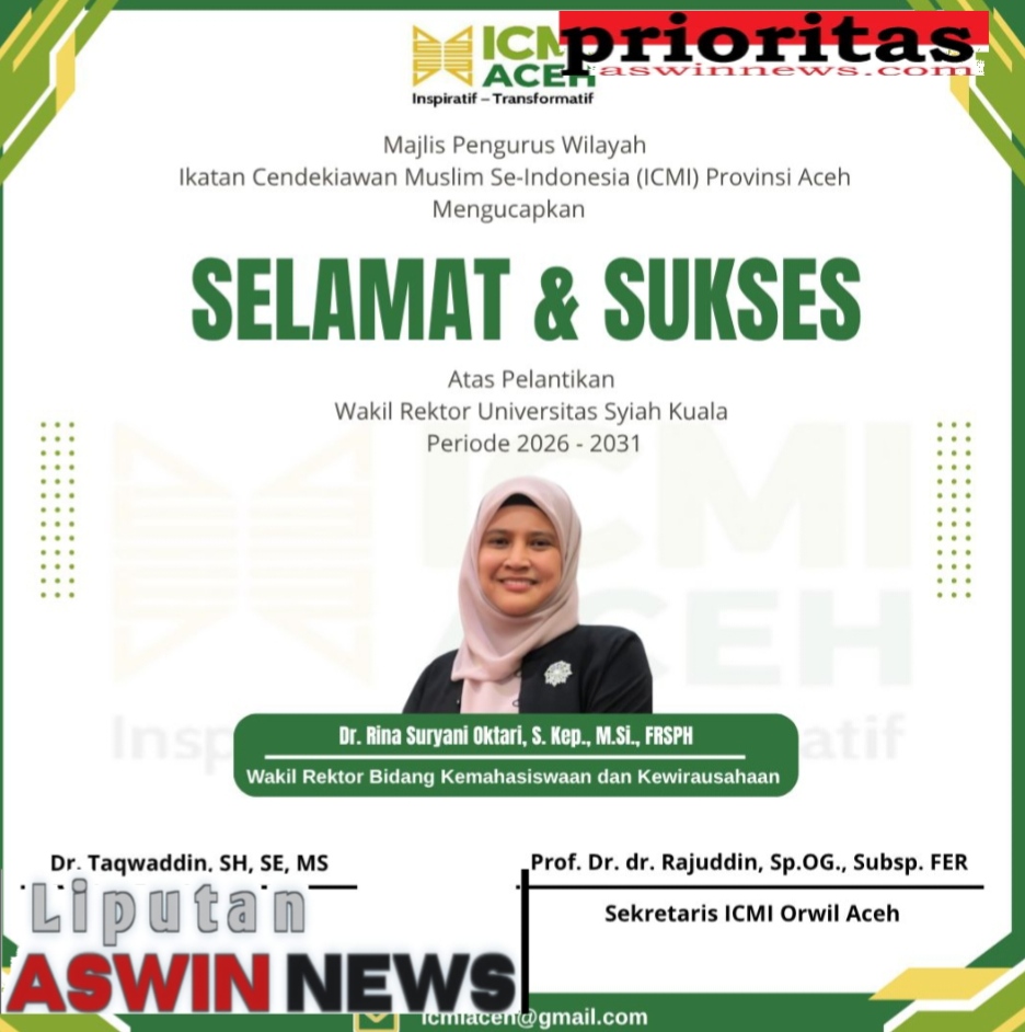 Keluarga Besar ICMI Orwil Aceh Ucapkan Selamat Dan Sukses Kepada Dr. Rina Suryani Oktari Sebagai Wakil Rektor USK Periode 2026–2031