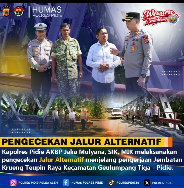 Polres Pidie Cek Jalur Alternatif Jelang Perbaikan dan Penutupan Jembatan Krueng Teupin Raya
