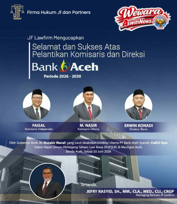 Jefry Rasyid Ucapkan Selamat Atas Pelantikan M. Nasir Sebagai Komisaris Utama Bank Aceh Syariah