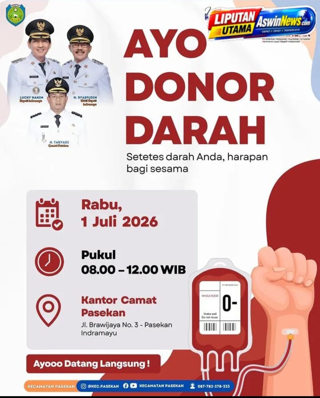 Camat Pasekan Bersama PMI Indramayu Gelar Donor Darah Perdana dalam Rangka HUT Bhayangkara ke-80