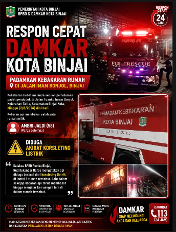 Respon Cepat Damkar Kota Binjai Padamkan Kebakaran Rumah di Jalan Imam Bonjol, Diduga Akibat Korsleting Listrik