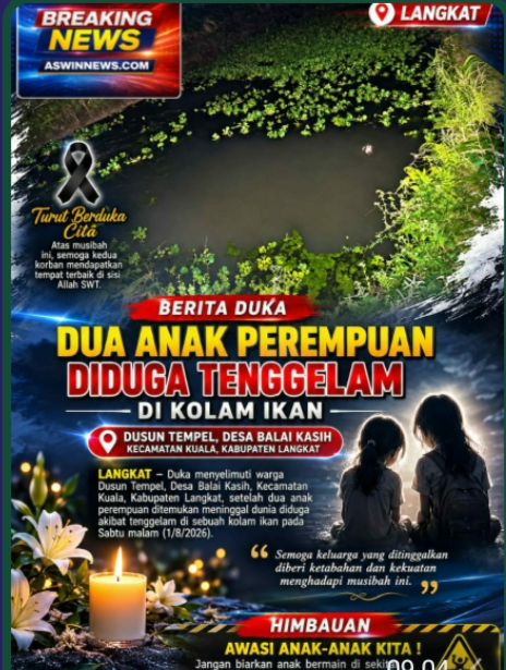 Dua Siswi SD Meninggal Dunia Diduga Tenggelam di Kolam Ikan Bekas Galian di Desa Balai Kasih, Langkat
